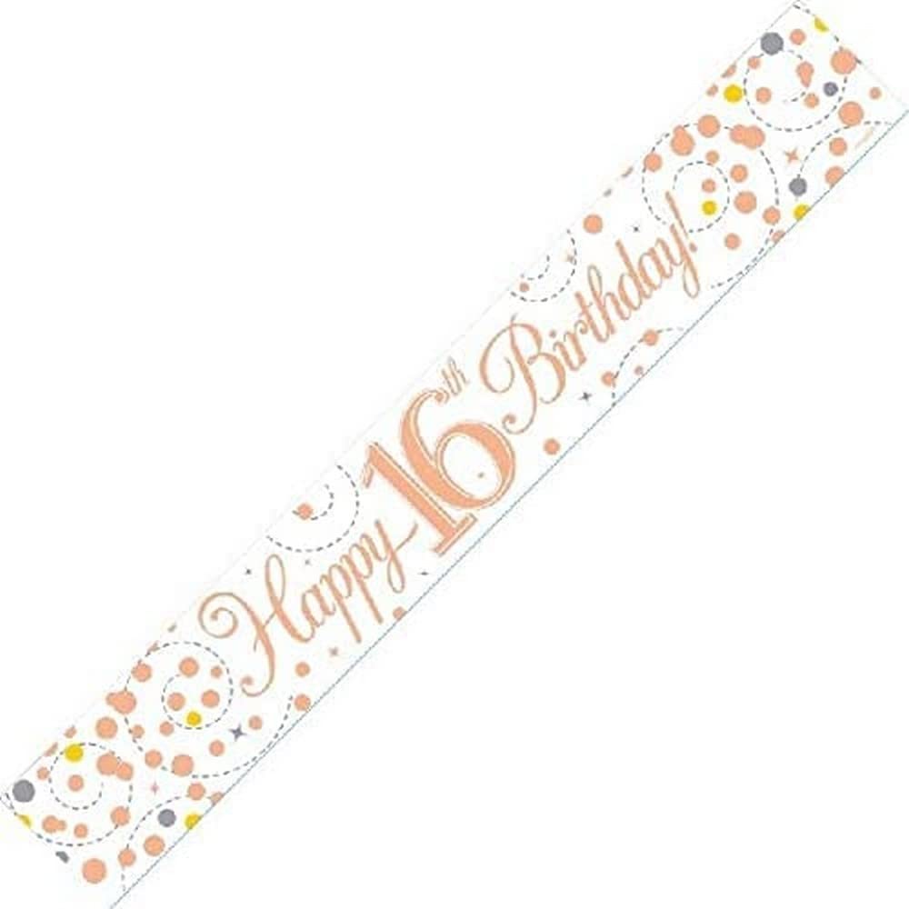 OakTree 16th Birthday Banner - Rose Gold Holographic Sparkle Fizz