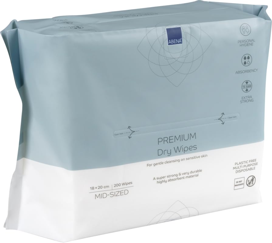 ABENA Premium Dry Wipes - Pack of 200 | 20 x 18cm | Hypoallergenic Cleansing Cloths
