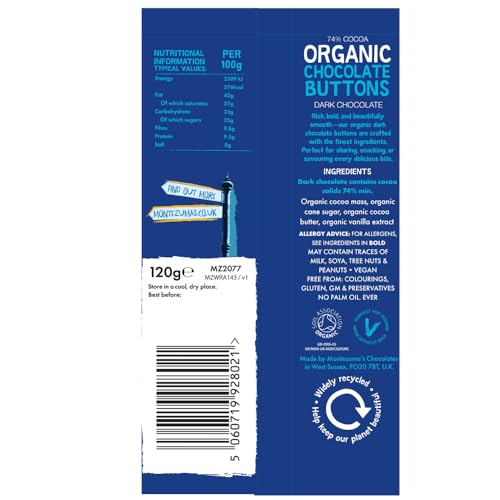 Montezuma Organic 74% Cocoa Dark Chocolate Buttons, Gluten Free, 120g
