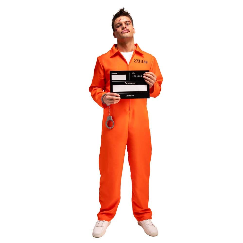 Wicked Costumes Men's Orange Convict Costume with Handcuffs & ID Board - Adult Fancy Dress 1