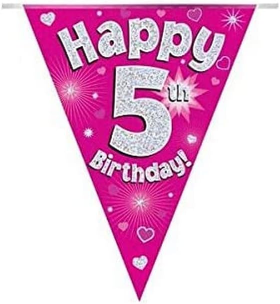 Party Bunting Happy 5th Birthday - Pink Holographic 11 Flags 3.9m 1
