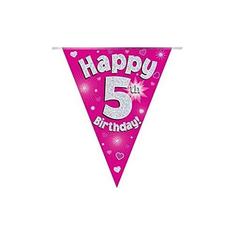 Party Bunting Happy 5th Birthday - Pink Holographic 11 Flags 3.9m 2