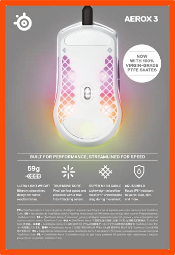 SteelSeries Aerox 3 Snow - Ultra-Lightweight Holey RGB Gaming Mouse, 8500 DPI TrueMove Core Sensor, IP54 Water Resistant, 59g 22