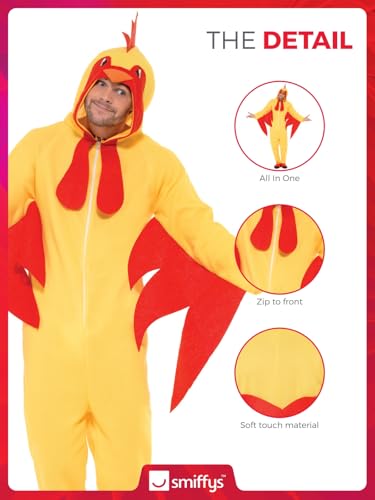 Smiffys Chicken Costume - Adult Men's Hooded All-in-One Fancy Dress Jumpsuit, Size L, Model 27857M