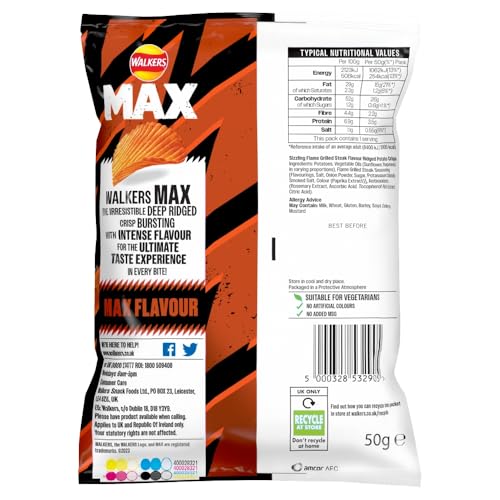 Walkers Max Sizzling Flame Grilled Steak Crisps 50g (Pack of 24)