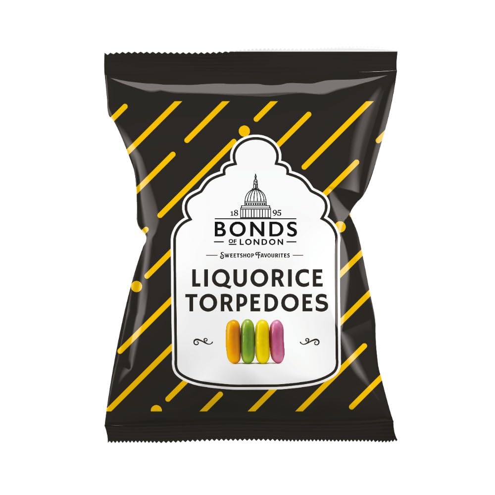 Bonds of London Liquorice Torpedoes - Vegetarian Friendly, Classic Liquorice Centre | Pack of 12 x 120g Bags