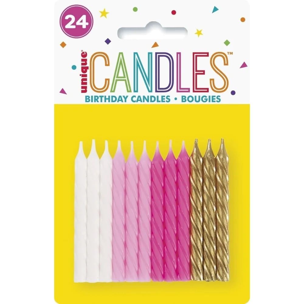 Unique Party Spiral Birthday Candles - Pink, White & Gold | Pack of 24 | 6cm 3
