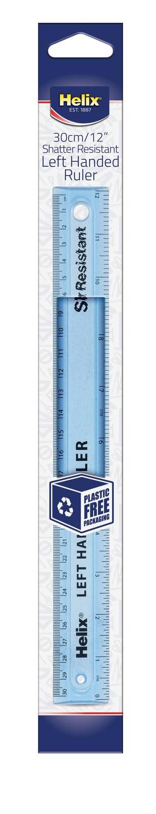 Helix 30cm Left Handed Ruler - Shatter Resistant Plastic, Metric & Imperial Graduations | Blue