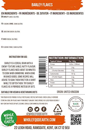 Wholefood Earth Barley Flakes 1 kg | GMO Free | High Fibre | Vegan Friendly