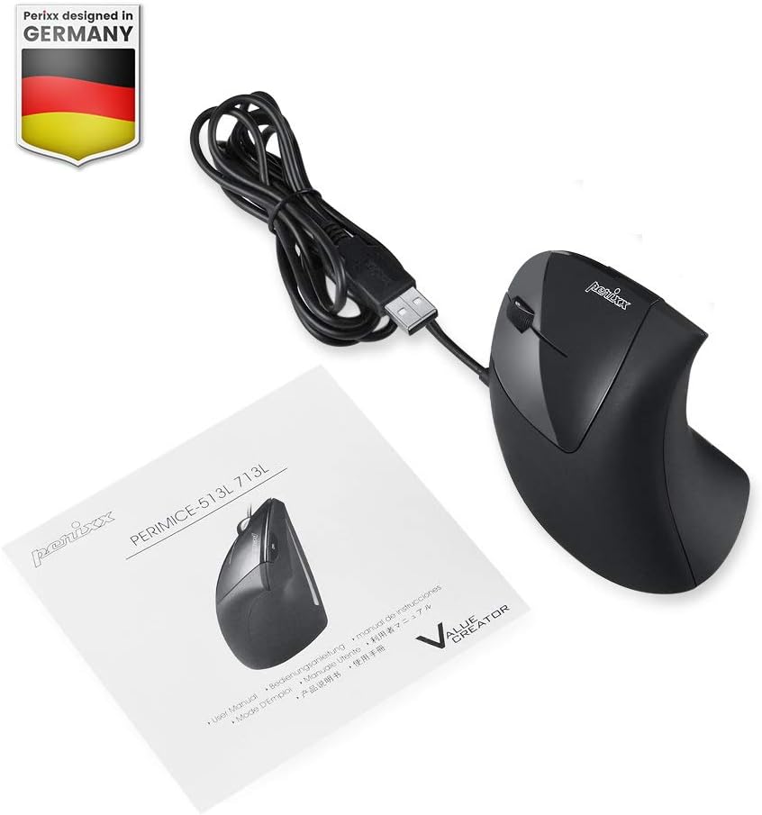 Perixx PERIMICE-513L Left-Handed Wired Vertical Mouse - 6 Button Optical with 1000/1600/3200/6400 DPI, Black 2