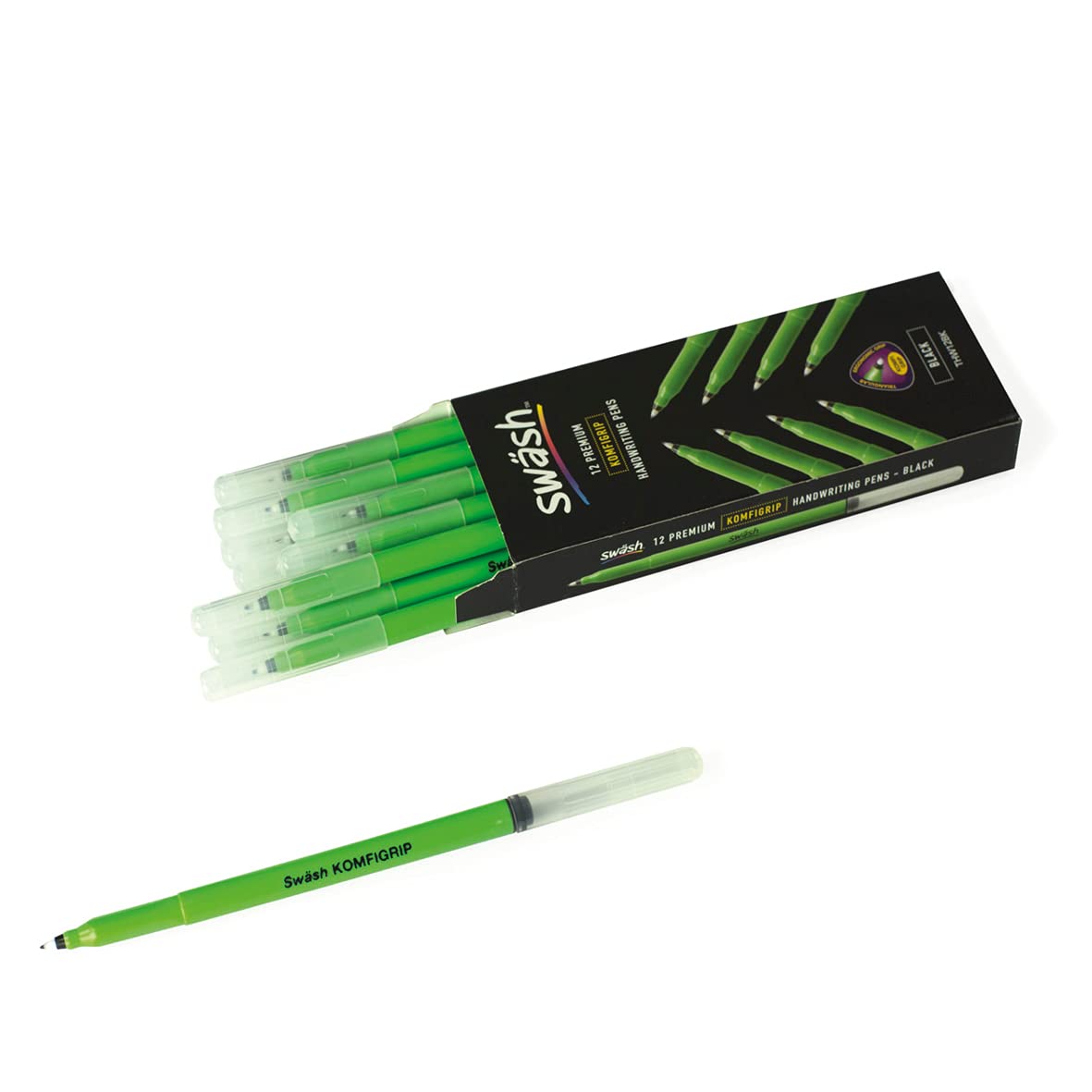 Swash KOMFIGRIP THW12BK Pens for Handwriting, Washable Ink and Pressure-Resistant Tips – Black (Pack of 12)