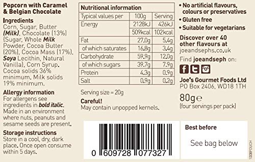 Joe & Seph's Belgian Chocolate Caramel Popcorn - Handmade Air-Popped Snack, 75g