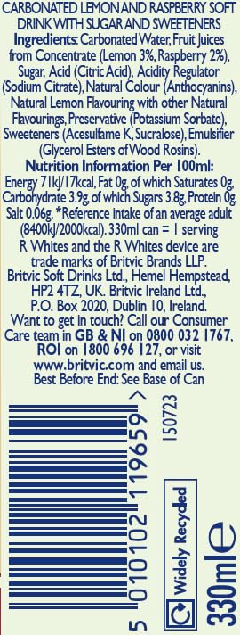R Whites Raspberry Lemonade - 330ml Can - 24 Pack