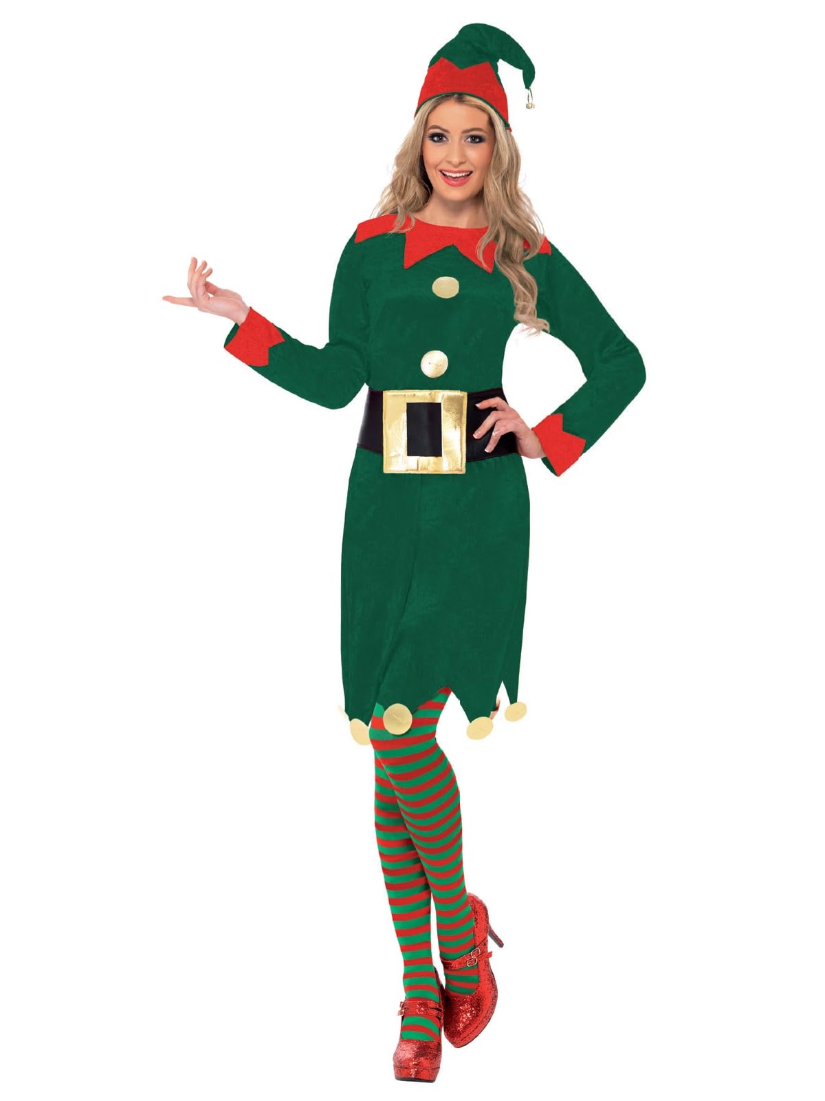 Smiffys Elf Costume - Green Dress with Hat & Belt, Adult Christmas Fancy Dress 1