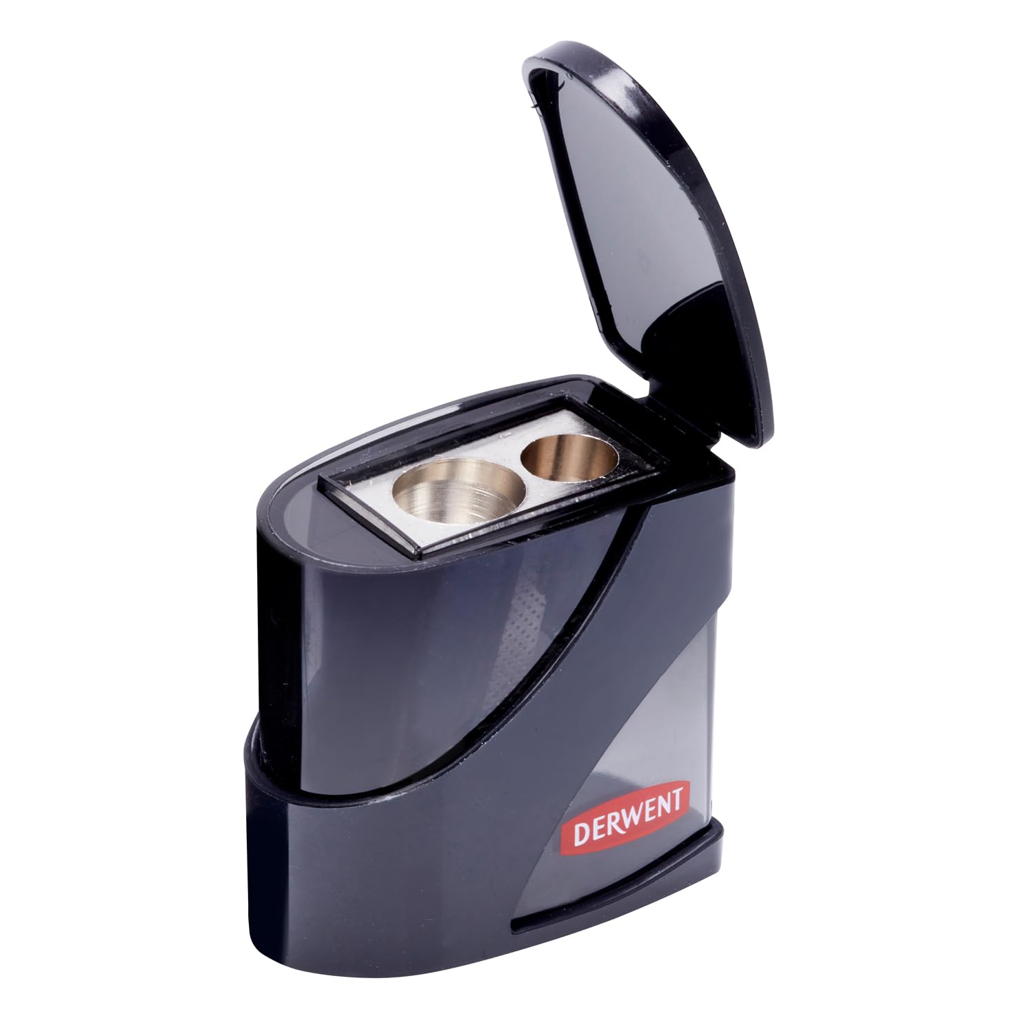 Derwent Twin Hole Pencil Sharpener with Container - Dual Hole Manual Metal Blades | Black 1