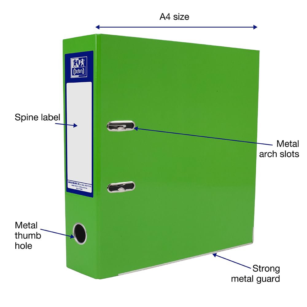 Oxford Premium A4 Lever Arch File, Bright Green Single Folder, Heavy Duty