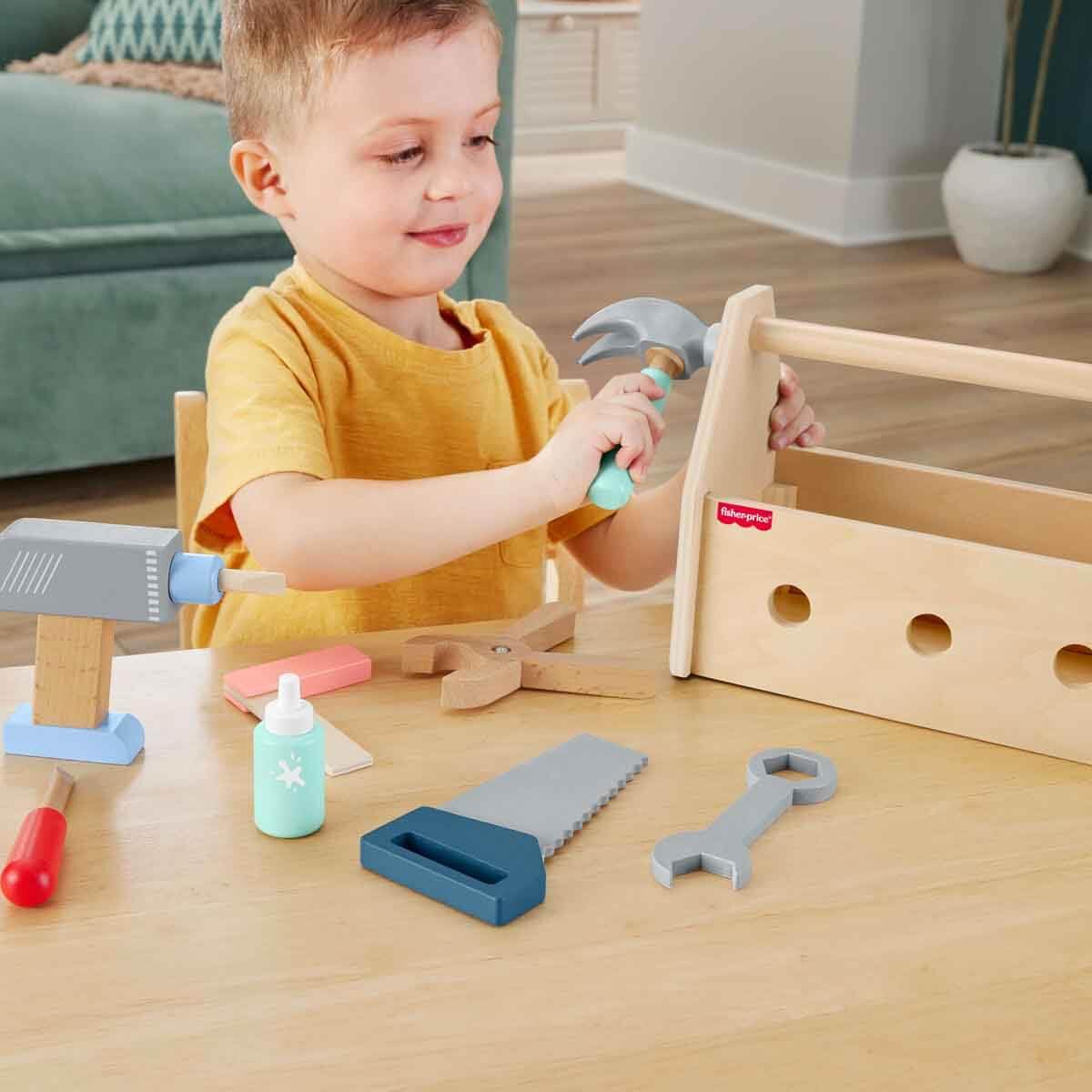 Fisher-Price Wood Pretend Play Toy Tool Box with Drill, 9-Piece Wooden Set | Ages 3+ 2
