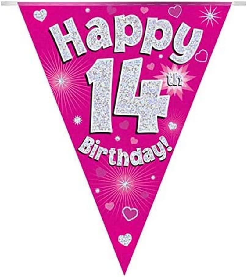 OAKTREE UK 630680 Party Bunting Happy 14th Birthday - Pink Holographic 11 Flags 3.9m 1