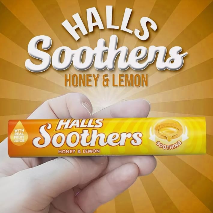 Halls - Soothers Honey & Lemon Flavoured Lozenges with Real Fruit Juices, 45 g