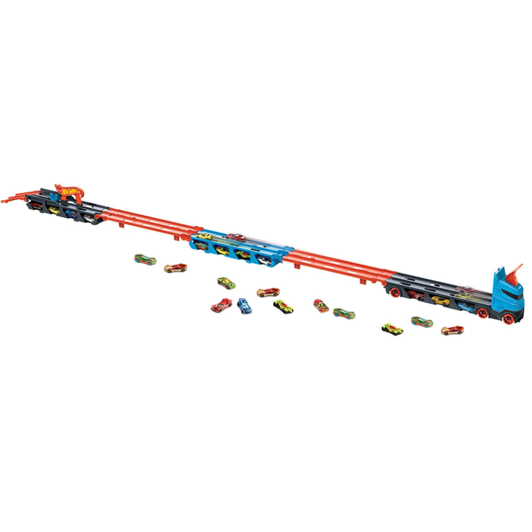 Hot Wheels Speedway Hauler - 3-in-1 Storage Carrier with 6-Foot Drag Race Track & 3 Cars for Kids 4-8 Years