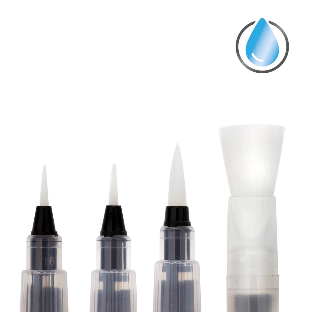 Derwent Push Button Waterbrush Set - 4 Assorted Tips | Portable & Leak Proof | Nylon Fibre