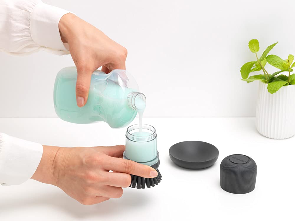 Brabantia Refillable Soap Dispensing Washing Up Brush - Ergonomic Grip, Integrated Reservoir, Drying Tray | Dark Grey 7