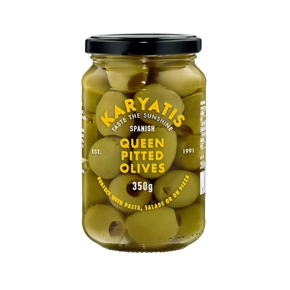Karyatis Spanish Green Queen Olives in Brine | 350 g Glass Jar | Semi-firm Texture