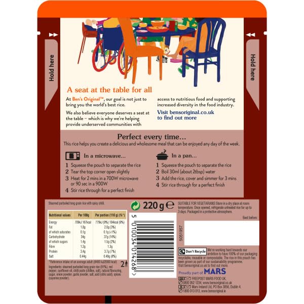 Ben's Original Spicy Chilli Microwave Rice, 6 x 220g Pouches – Vegetarian, No Artificial Additives