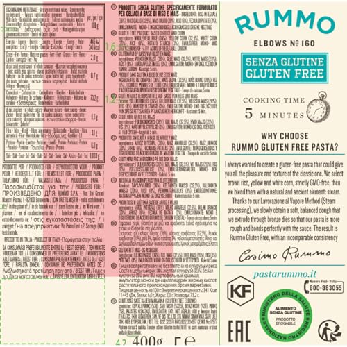 Rummo Gluten Free Elbow Pasta No.160 - Italian Rice & Corn Pasta