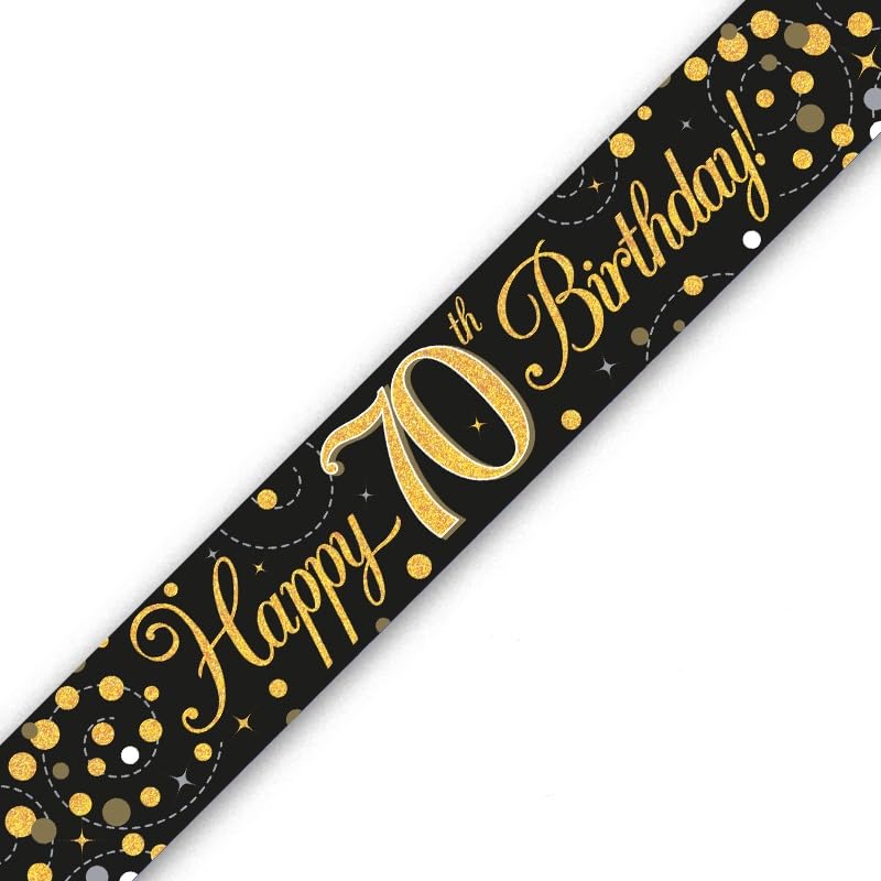 OakTree Sparkling Fizz 70th Birthday Banner - Black & Gold Holographic | 2.7m Length