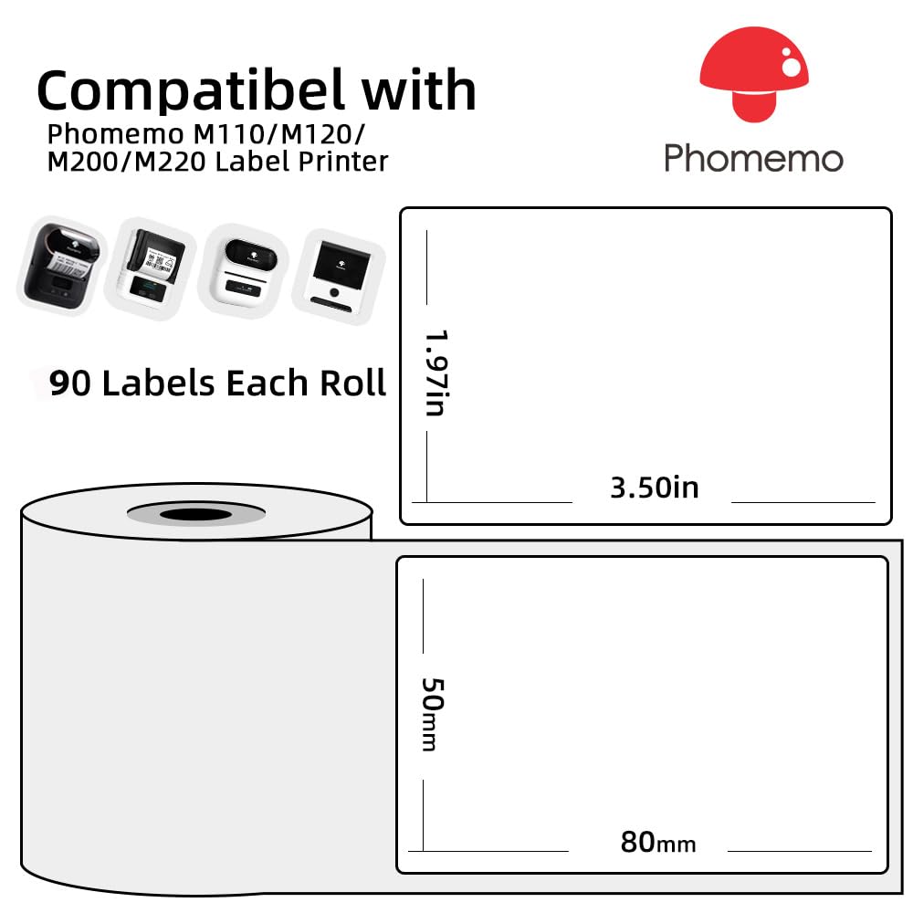 Phomemo Thermal Address Labels - 50x80mm Self-Adhesive | 100 Labels per Roll | Compatible with M110/M120/M220 2