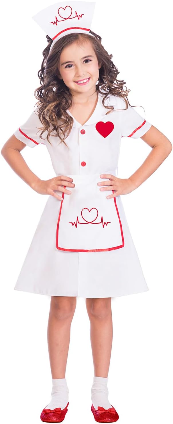 Child Girls Darling Nurse Costume - White Dress with Red Heart Print (6-8 Years) 1