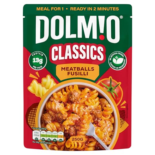 Dolmio Classics Meatballs Fusilli Ready Meal - 6x 250g Microwave Pasta with Tender Meatballs & Tomato Sauce