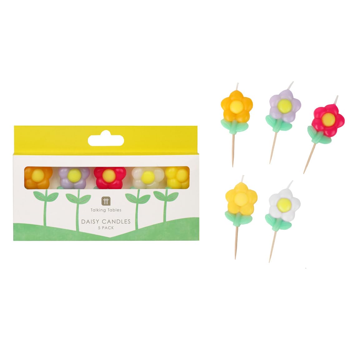 Talking Tables 5 x Daisy Flower Birthday Candles - 4cm Sojawachs Cake Toppers in Yellow, Pink, White
