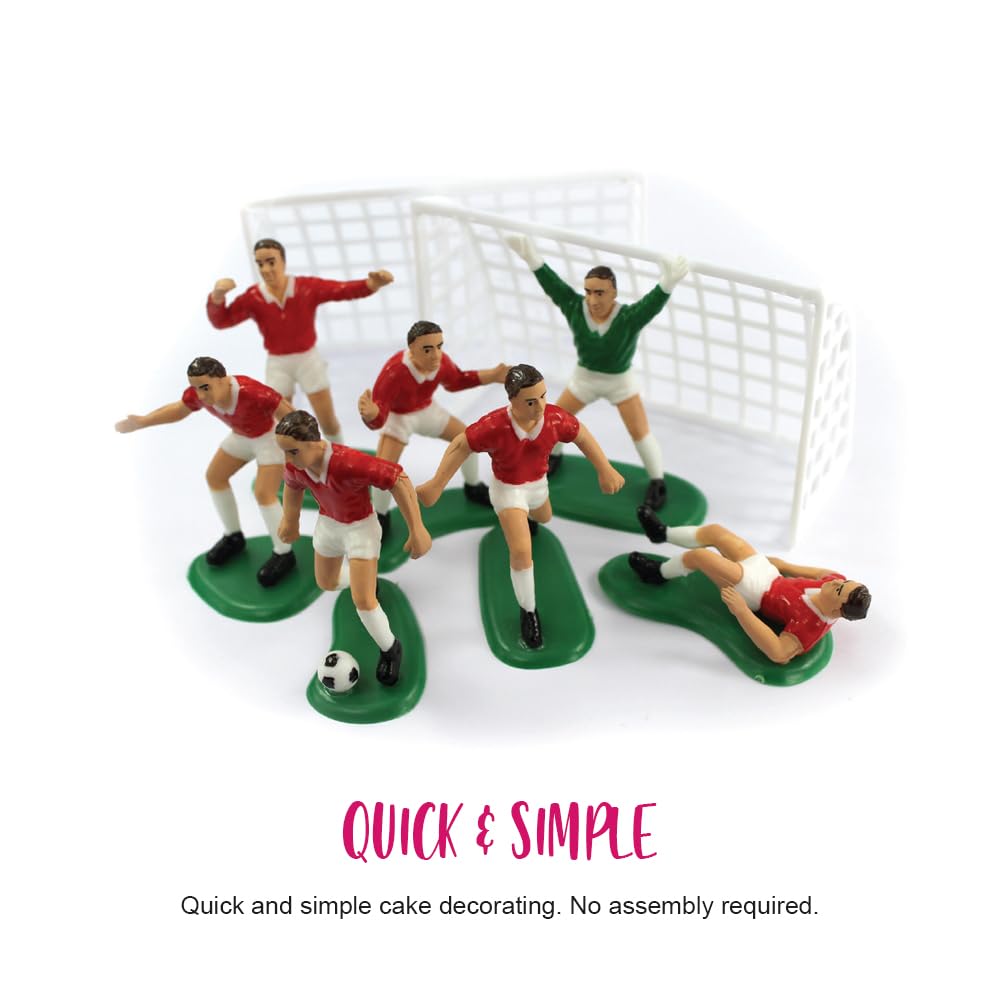 Anniversary House Football Cake Topper Set - 9 Pieces (7 Footballers, 2 Goals) | Red | Reusable 4