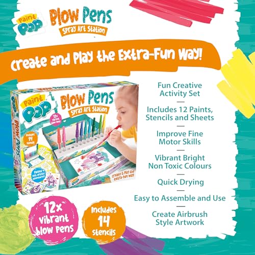 Paint Pop Blow Pens Spray Art Station - 12 Pens, Multi Coloured | Quick-Drying Paint | Includes Stencils & Paper 2