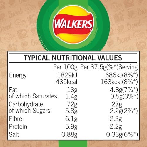 Walkers Baked Salt & Vinegar Crisps 32 x 37.5g - 50% Less Fat Snacks