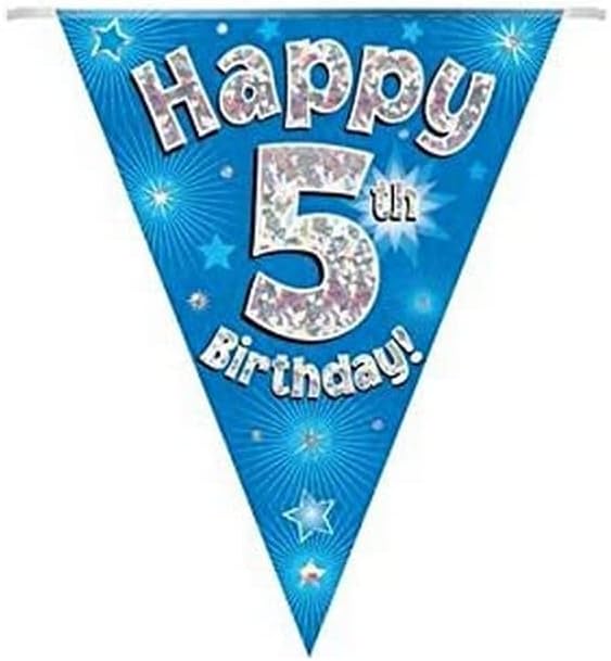 Party Bunting - Happy 5th Birthday Blue Holographic 11-Flag Banner 3.9m 1