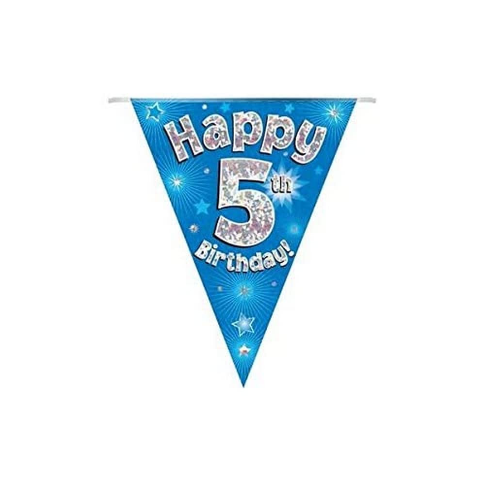 Party Bunting - Happy 5th Birthday Blue Holographic 11-Flag Banner 3.9m 2