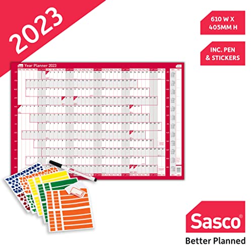 Sasco 2023 Compact Year Wall Planner Landscape with Wet Wipe Pen & Sticker Pack