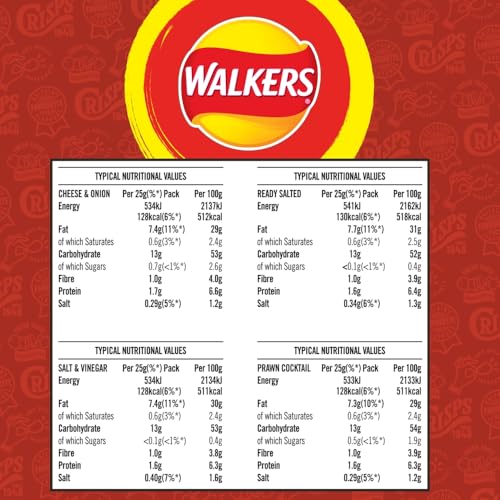 Walkers Classic Variety Multipack Crisps Box 20x25g - Ready Salted, Cheese & Onion, Salt & Vinegar, Prawn Cocktail
