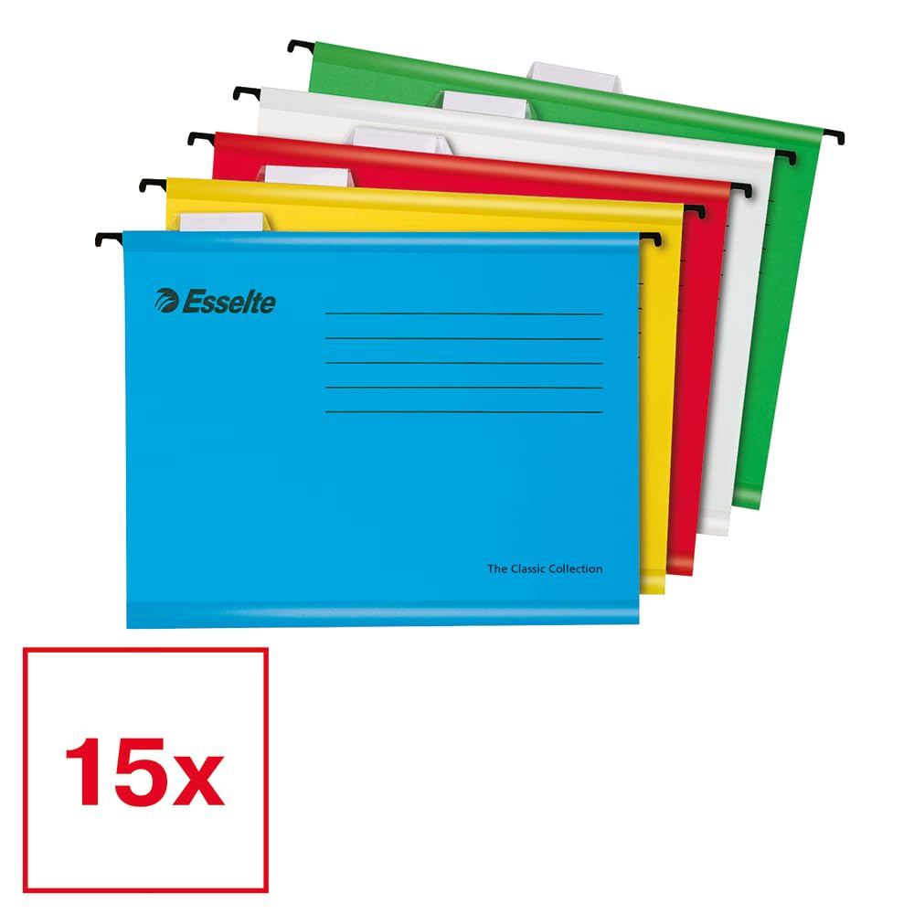 Esselte A4 Reinforced Hanging Suspension Files - Pack of 15 | Holds 150 Sheets | Assorted Colors