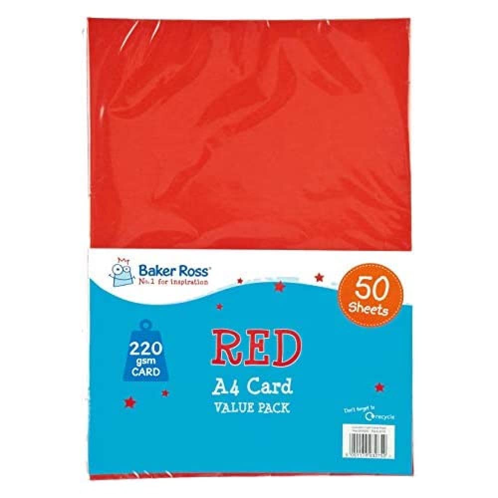 Baker Ross A4 Red Coloured Card | 220gsm Craft & Decoration Paper | Pack of 50