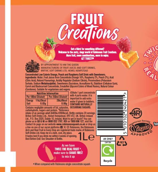 Robinsons Fruit Creations Peach & Raspberry Squash Concentrate | 1L | Low Calorie 6