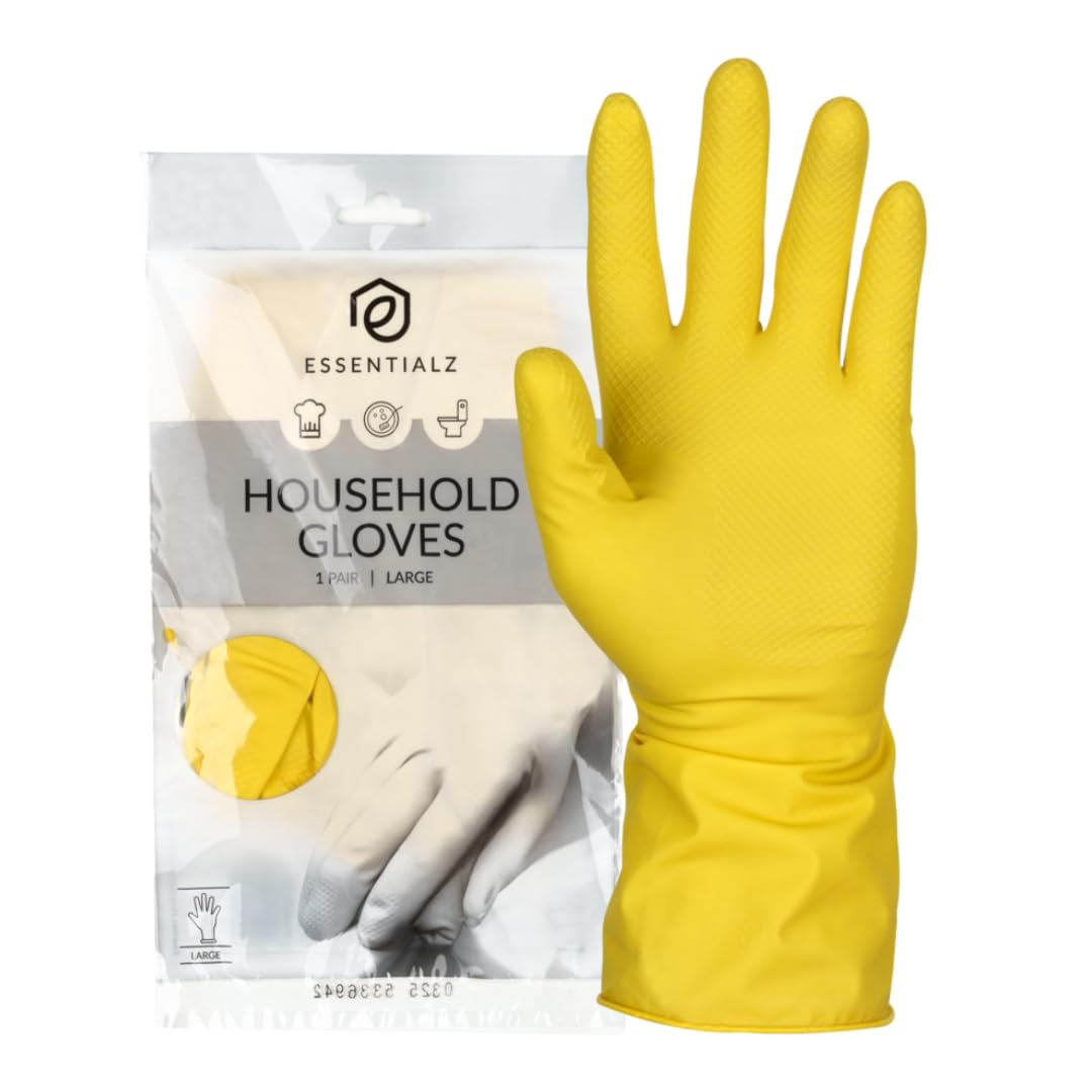 Essentialz Yellow Latex Household Gloves - Reusable, Powder-Free, Size L | CE Certified