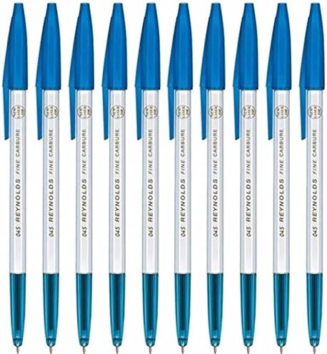 Reynolds 045 Fine Carbure Non-Smudge Ballpoint Pens - Set of 10, Blue, 0.45mm Tip