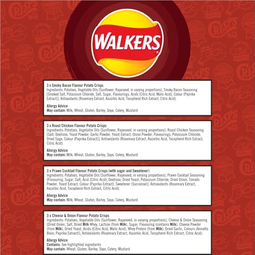 Walkers Meaty Variety Multipack Crisps 12x25g - Smoky Bacon, Roast Chicken, Prawn Cocktail, Cheese & Onion