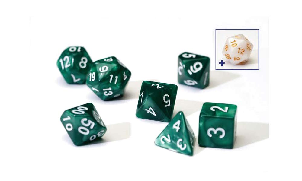 Sirius Dice Pearl Green Acrylic 7-Piece Dice Set with Bonus White Pearlescent D20 2