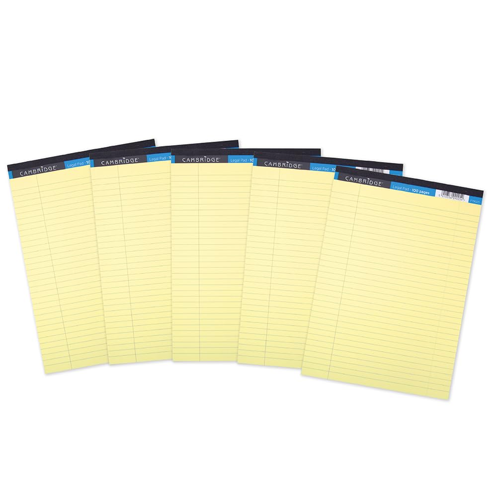 Cambridge A4 Legal Refill Pad - Yellow, 70gsm Lined with Margin | 100 Pages per Pad | Pack of 5