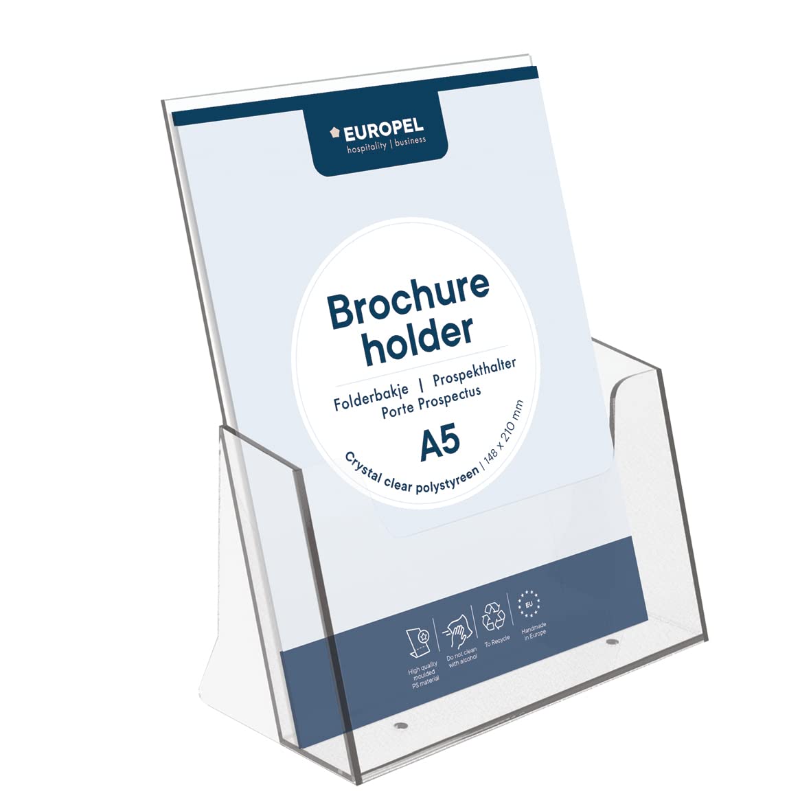 Europel A5 Leaflet & Brochure Holder - Crystal Clear Acrylic | Compact Desk Storage